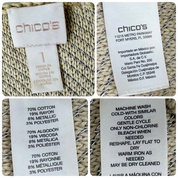 CHICO’S Heidi Knit Sweater Khaki 3/4 Sleeve Asymmetrical Silver Gold Size 1 M 8 - Picture 6 of 7